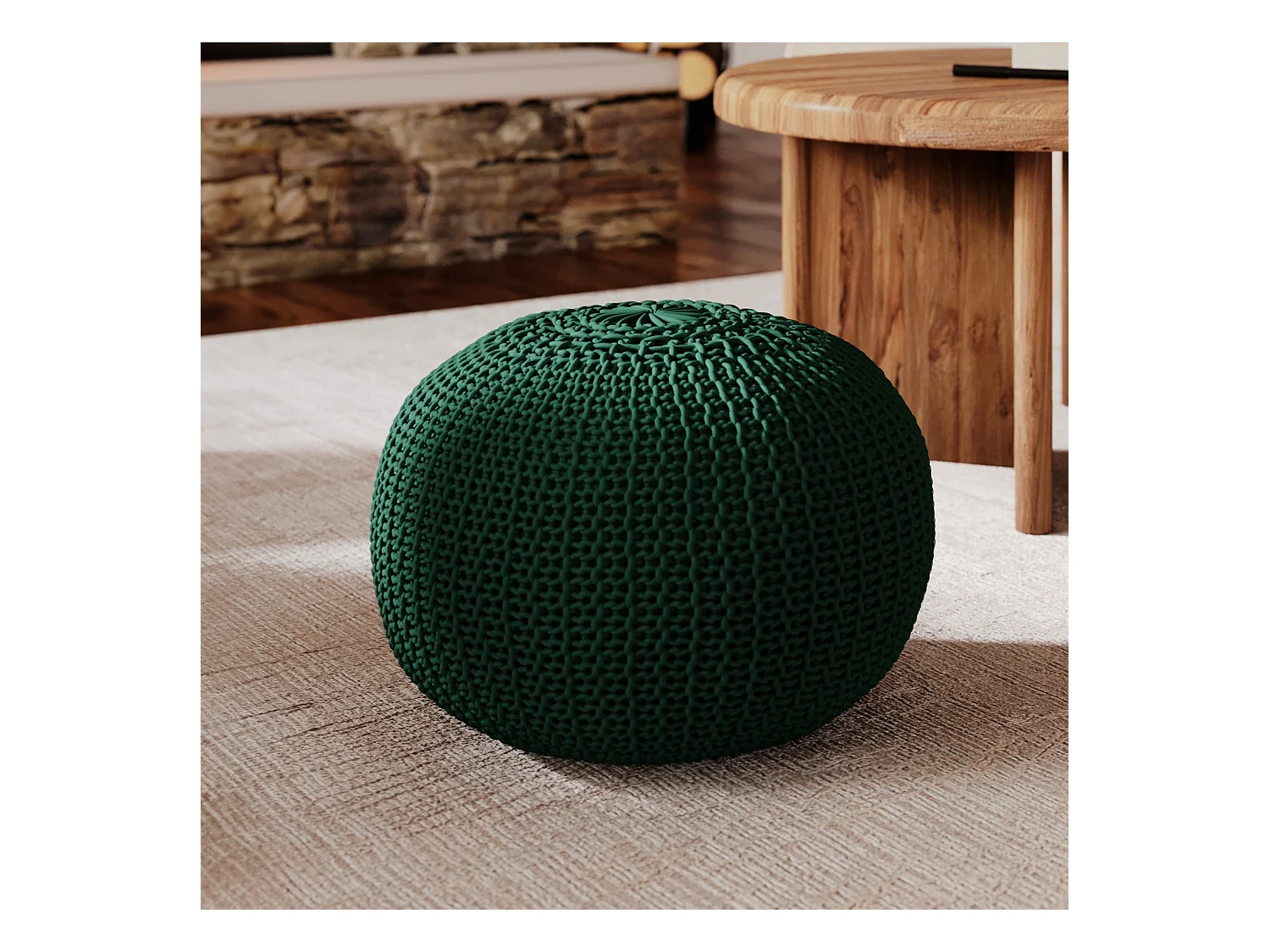 Puf de punto redondo de algodón verde pino de 40 cm de diámetro - Elisa