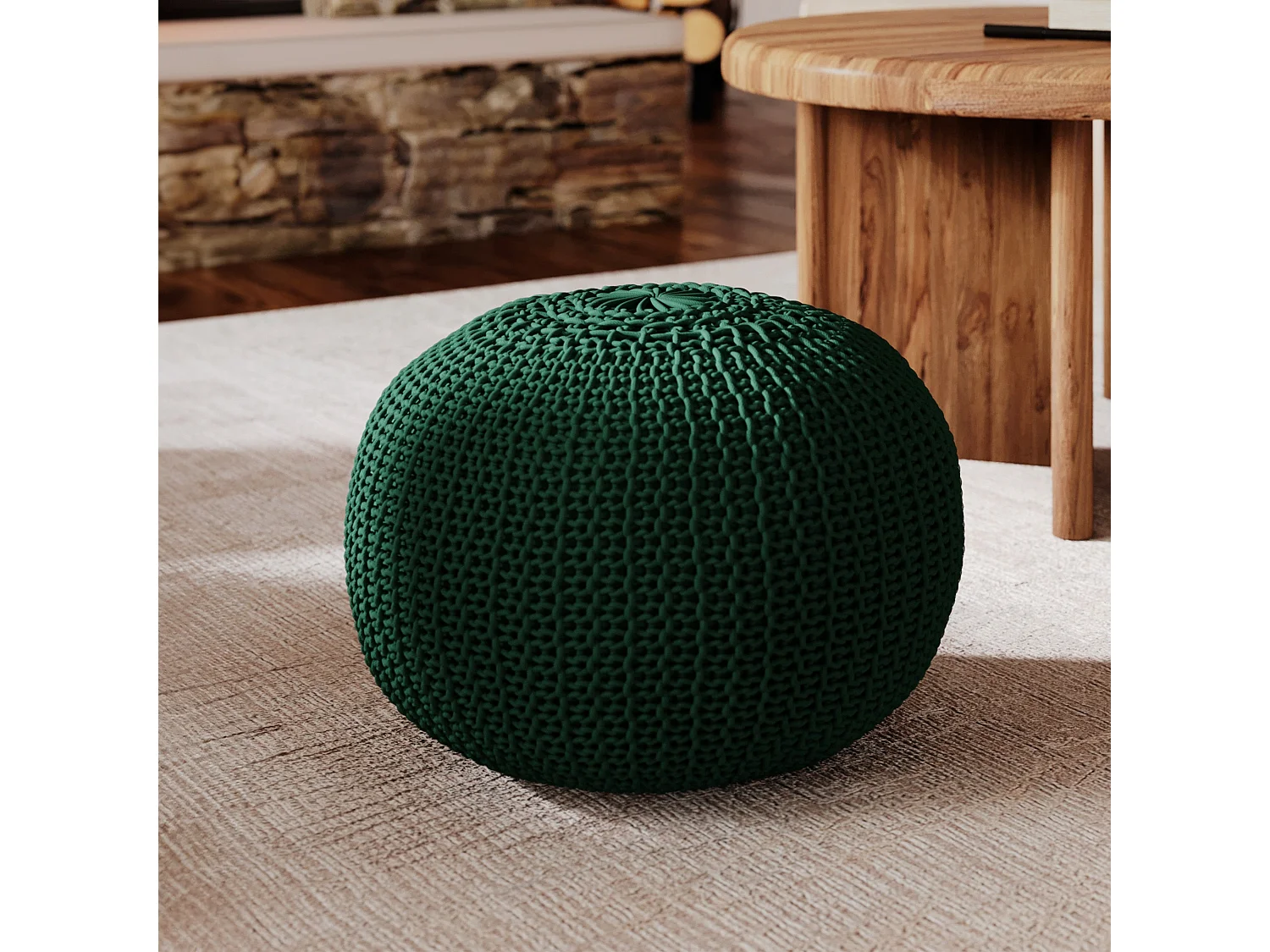 Pouf tricot rond en coton vert sapin D40 cm - Elisa