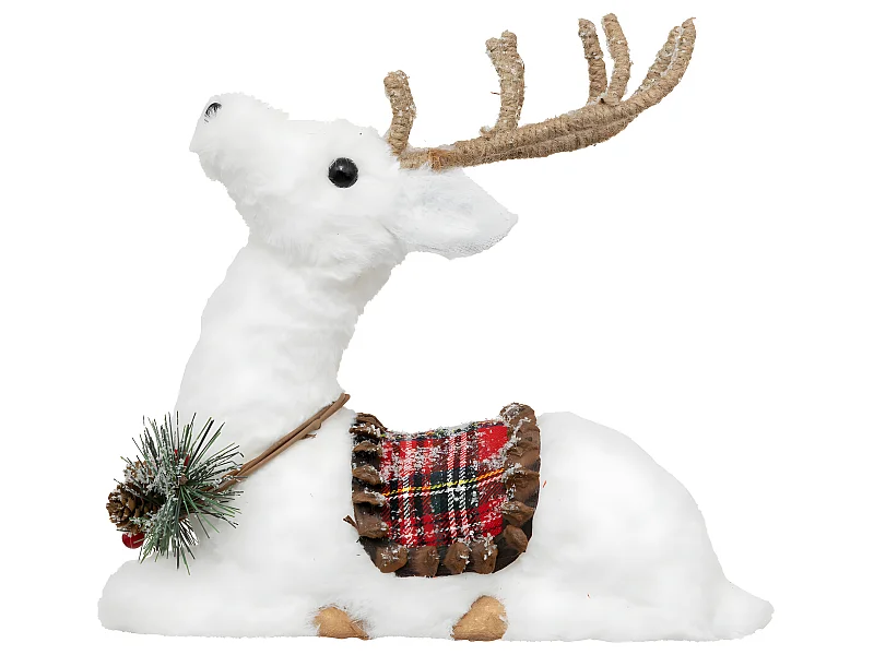 Déco de Noël Renne Blanc avec Selle à carreaux Rouge et Vert 28 x 12 x H 28 cm