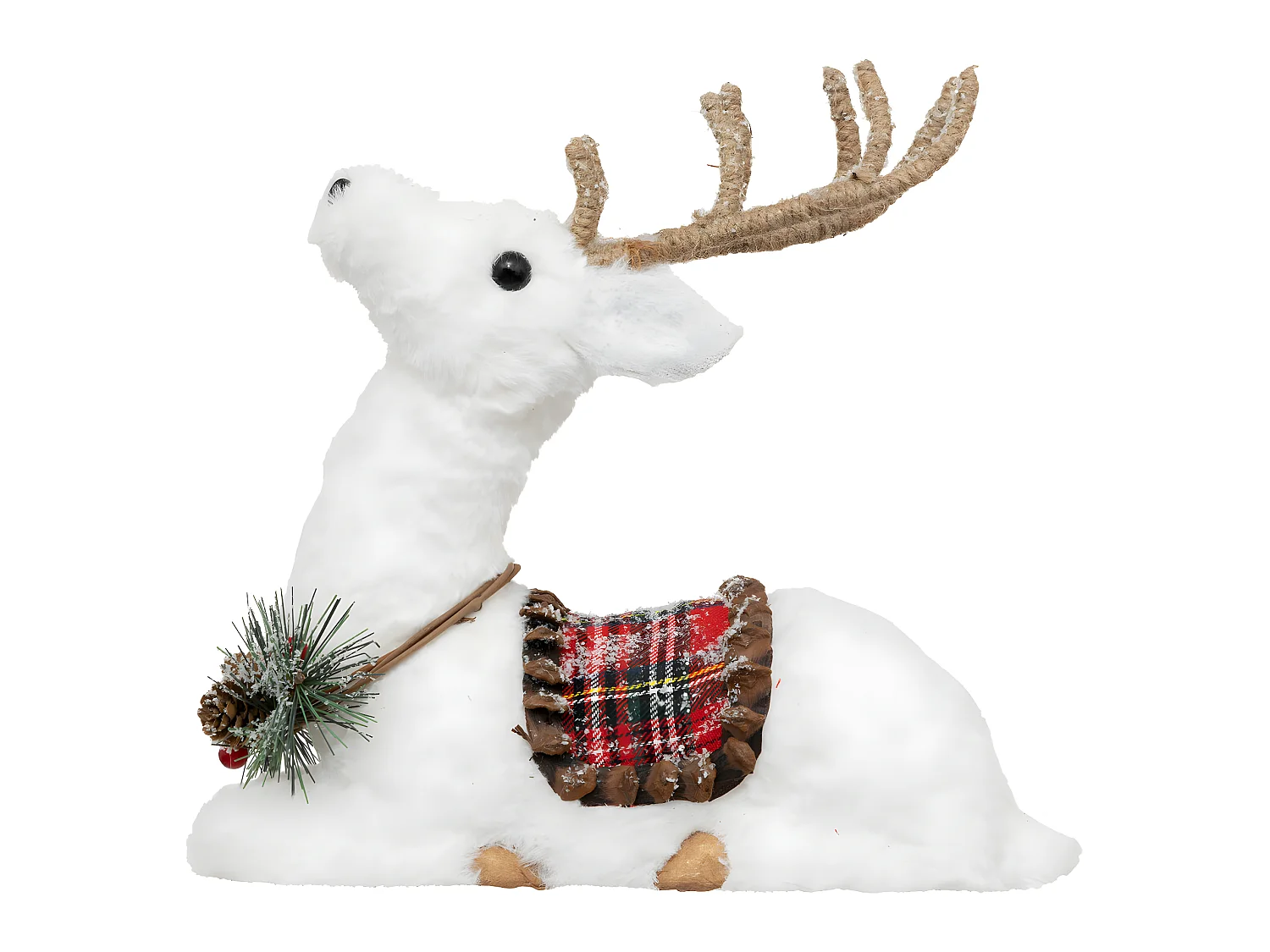 Déco de Noël Renne Blanc avec Selle à carreaux Rouge et Vert 28 x 12 x H 28 cm