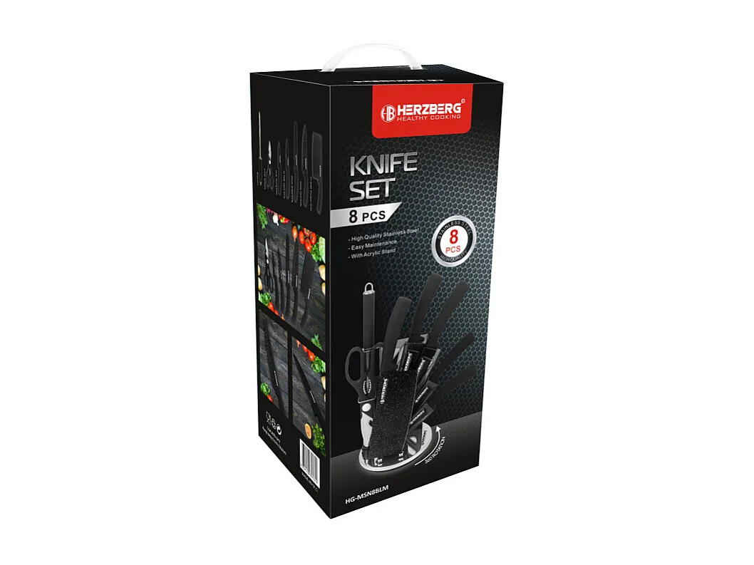 Ensemble de 8 couteaux en acier inoxydable avec support en acrylique - Marbre Noir Herzberg HG-MSN8BLM