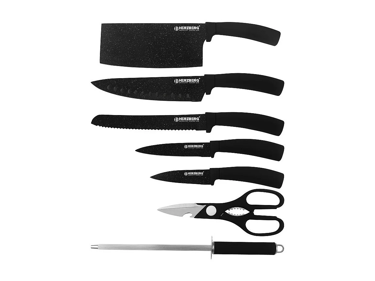 Ensemble de 8 couteaux en acier inoxydable avec support en acrylique - Marbre Noir Herzberg HG-MSN8BLM