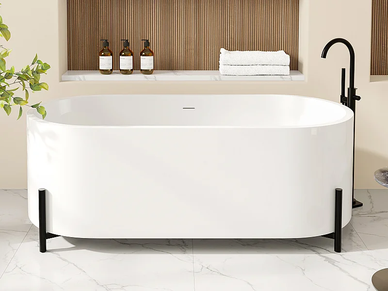 Baignoire îlot ovale blanche avec pieds noirs - 160 x 73,5 x 59 cm - ALONSA