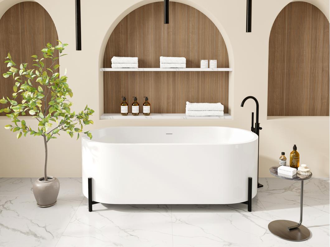Bañera de pie ovalada blanca con patas negras - 160 x 73,5 x 59 cm - ALONSA