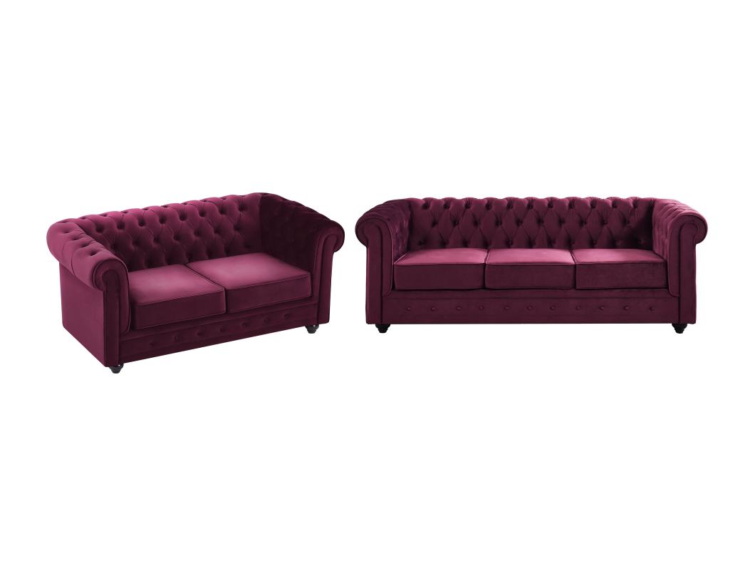 Canapés 3 places et 2 places en velours pourpre CHESTERFIELD