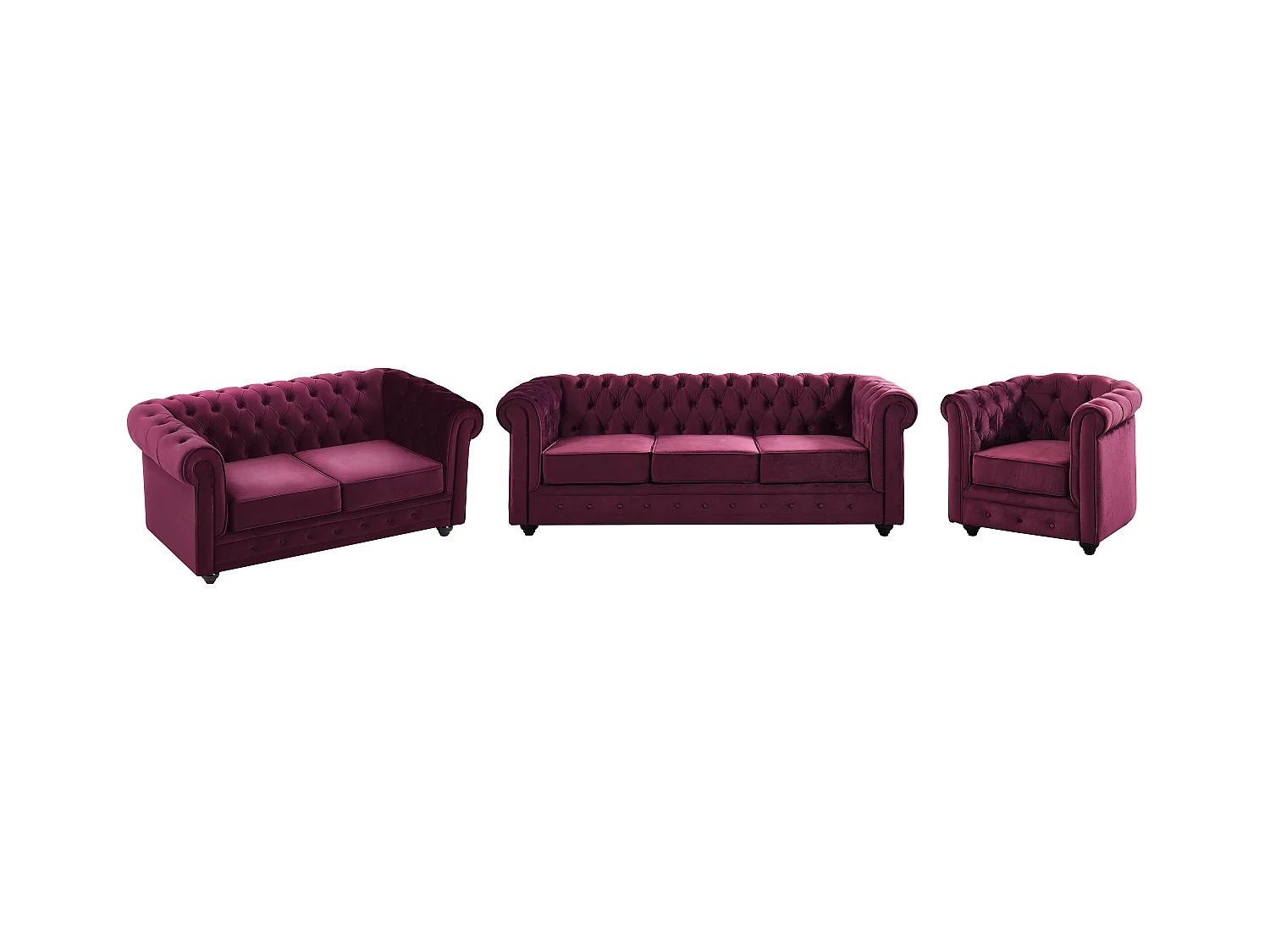 Canapés 3 places, 2 places et fauteuil en velours pourpre CHESTERFIELD