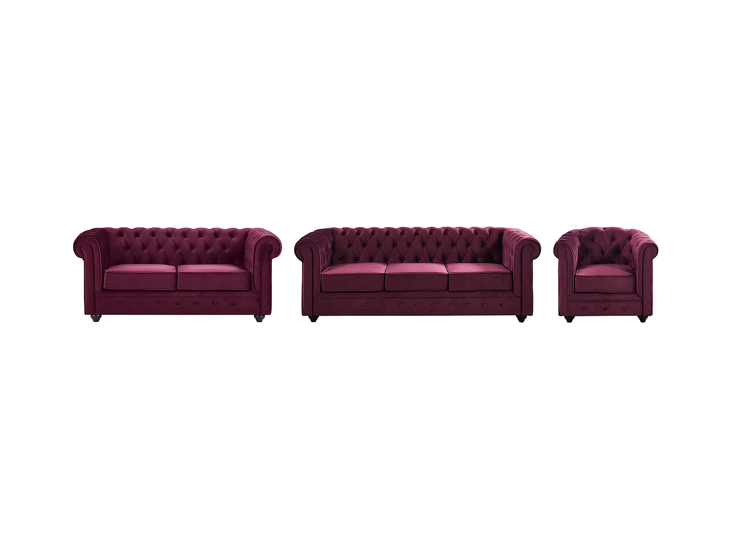 Canapés 3 places, 2 places et fauteuil en velours pourpre CHESTERFIELD