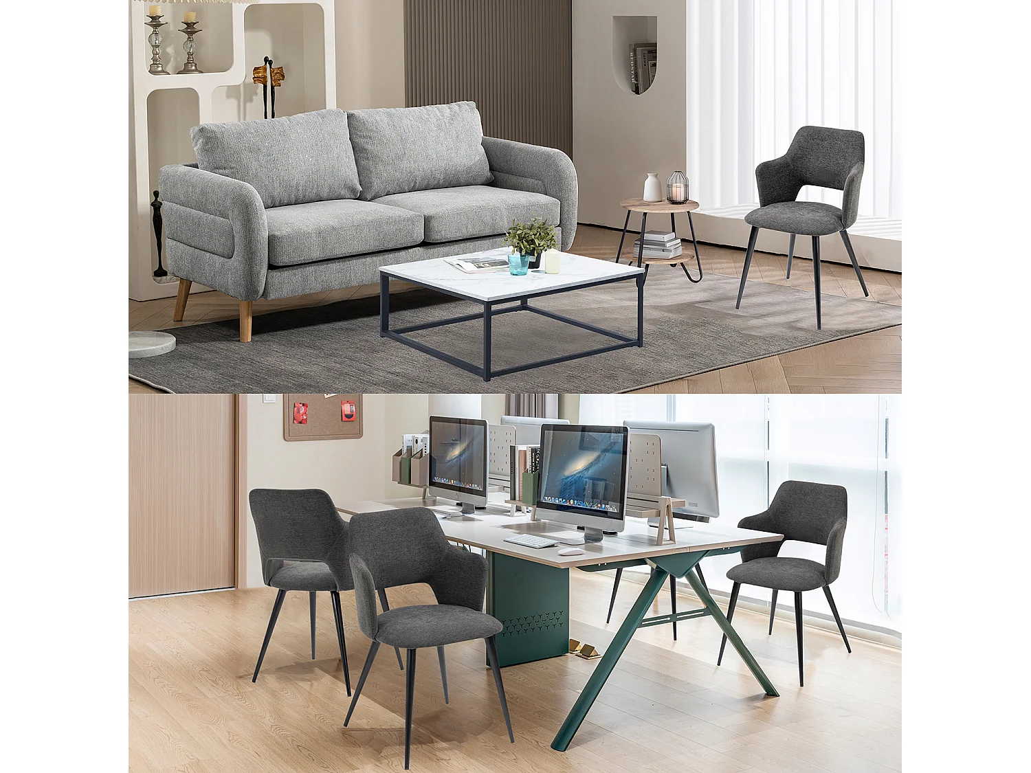 MEUBLES COSY Lot de 4 chaises de salle à manger scandinaves fauteuils avec accoudoirs, assise en tissu rembourrée, pieds en métal noir, Gris