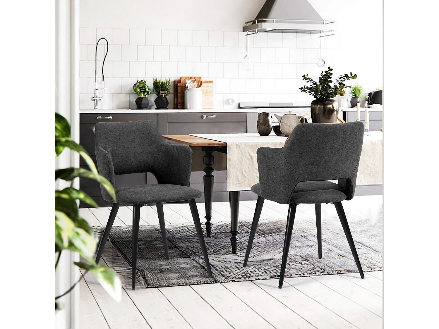 MEUBLES COSY Lot de 4 chaises de salle à manger scandinaves fauteuils avec accoudoirs, assise en tissu rembourrée, pieds en métal noir, Gris