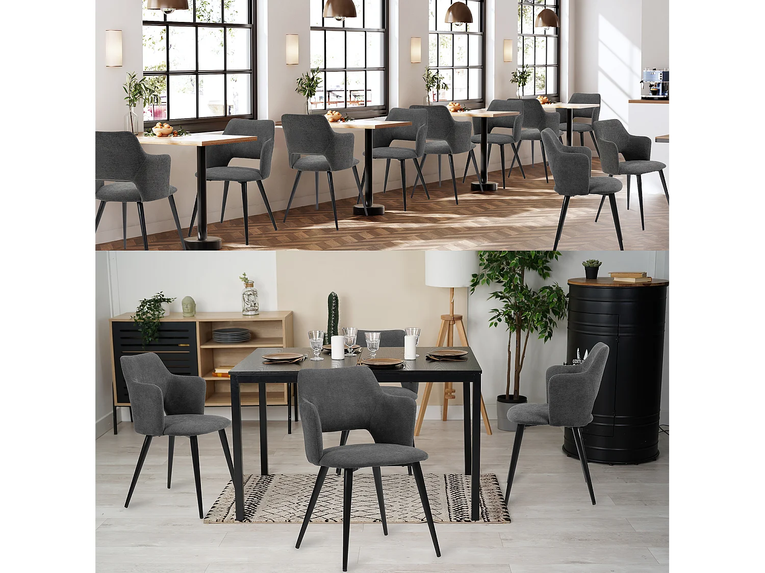 MEUBLES COSY Lot de 4 chaises de salle à manger scandinaves fauteuils avec accoudoirs, assise en tissu rembourrée, pieds en métal noir, Gris