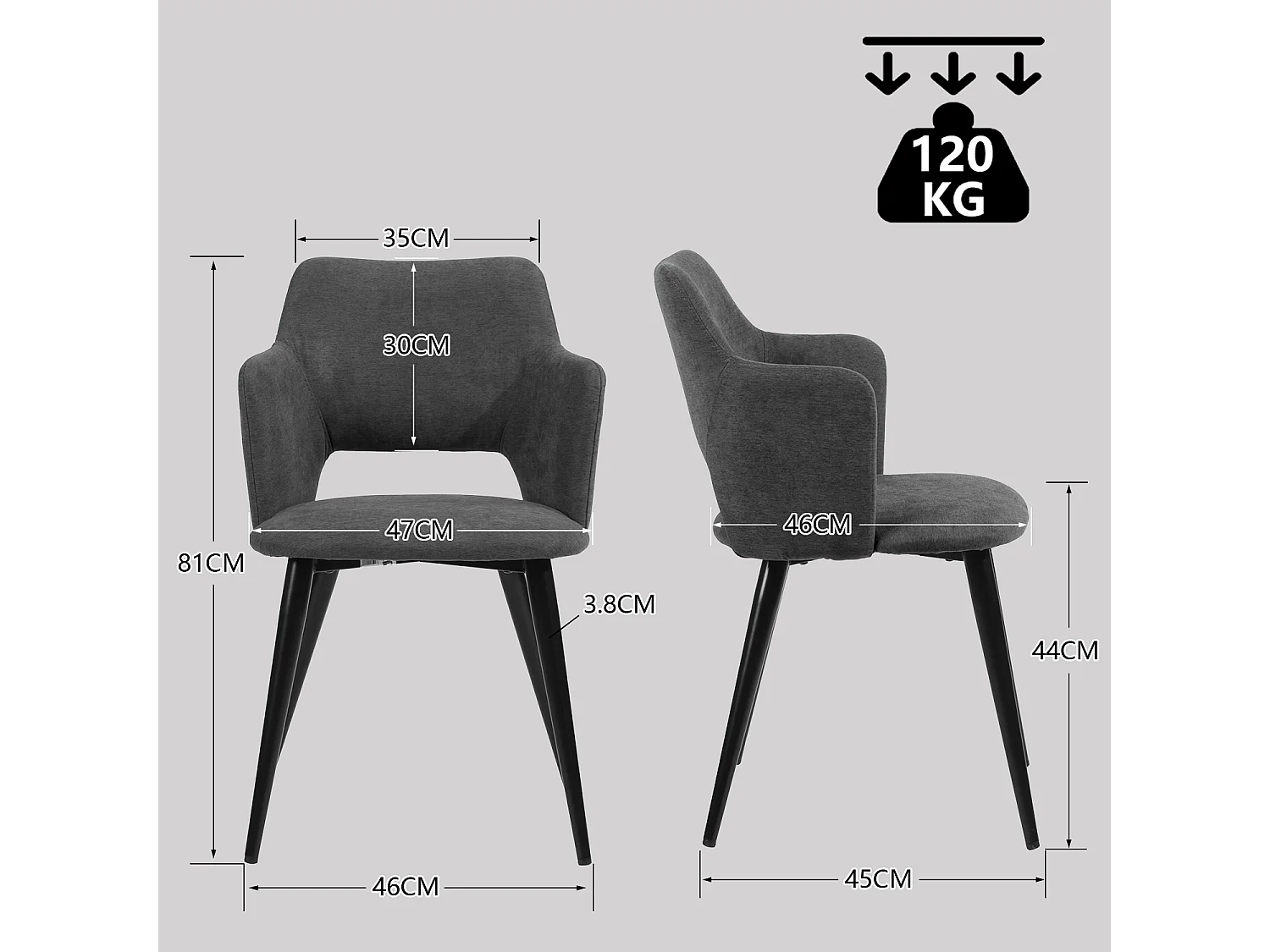 MEUBLES COSY Lot de 4 chaises de salle à manger scandinaves fauteuils avec accoudoirs, assise en tissu rembourrée, pieds en métal noir, Gris