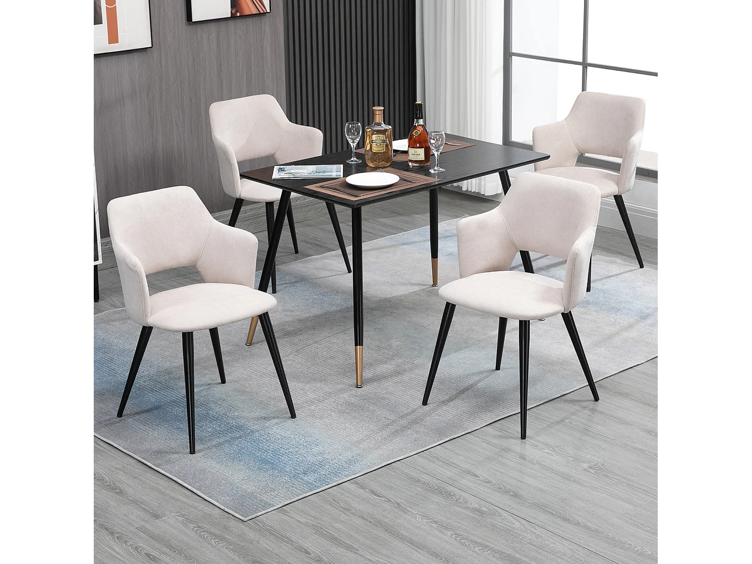 MEUBLES COSY Lot de 4 chaises de salle à manger scandinaves fauteuils avec accoudoirs, assise en tissu rembourrée, pieds en métal noir, Beige