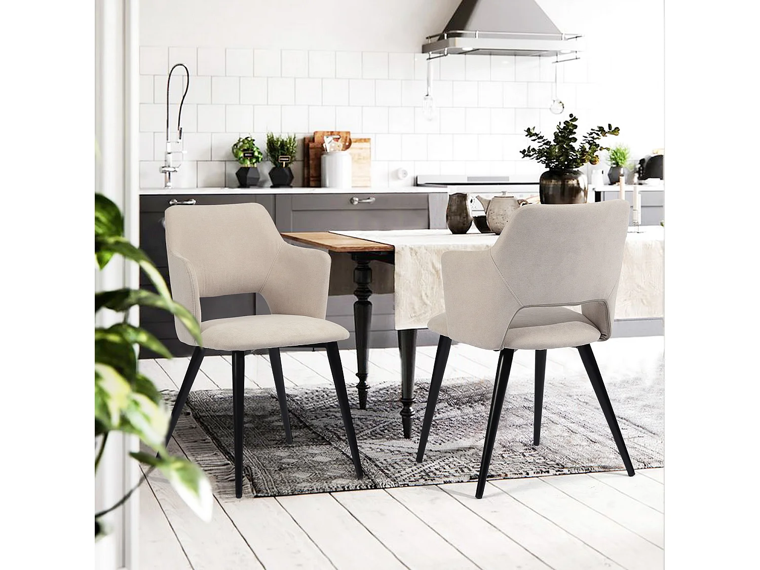 MEUBLES COSY Lot de 4 chaises de salle à manger scandinaves fauteuils avec accoudoirs, assise en tissu rembourrée, pieds en métal noir, Beige