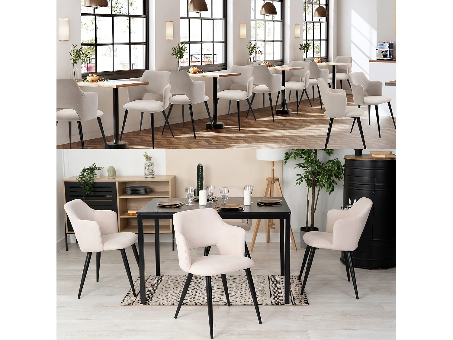 MEUBLES COSY Lot de 4 chaises de salle à manger scandinaves fauteuils avec accoudoirs, assise en tissu rembourrée, pieds en métal noir, Beige