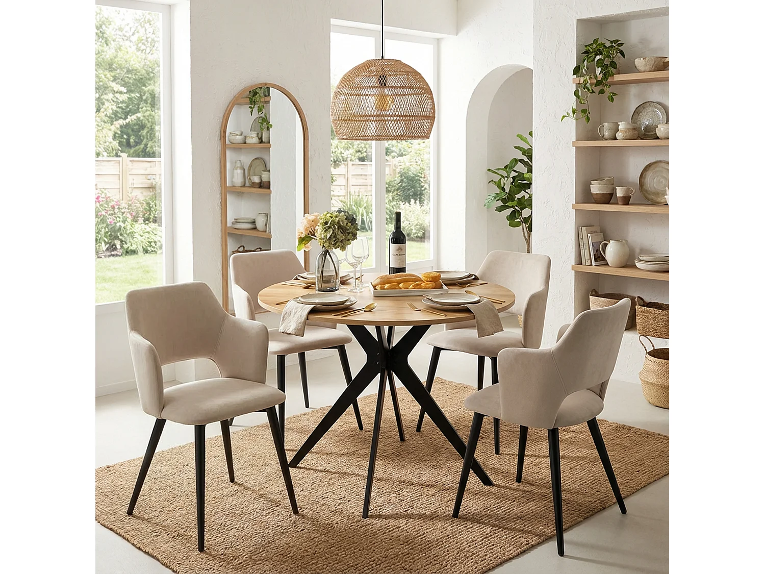 MEUBLES COSY Lot de 4 chaises de salle à manger scandinaves fauteuils avec accoudoirs, assise en tissu rembourrée, pieds en métal noir, Beige