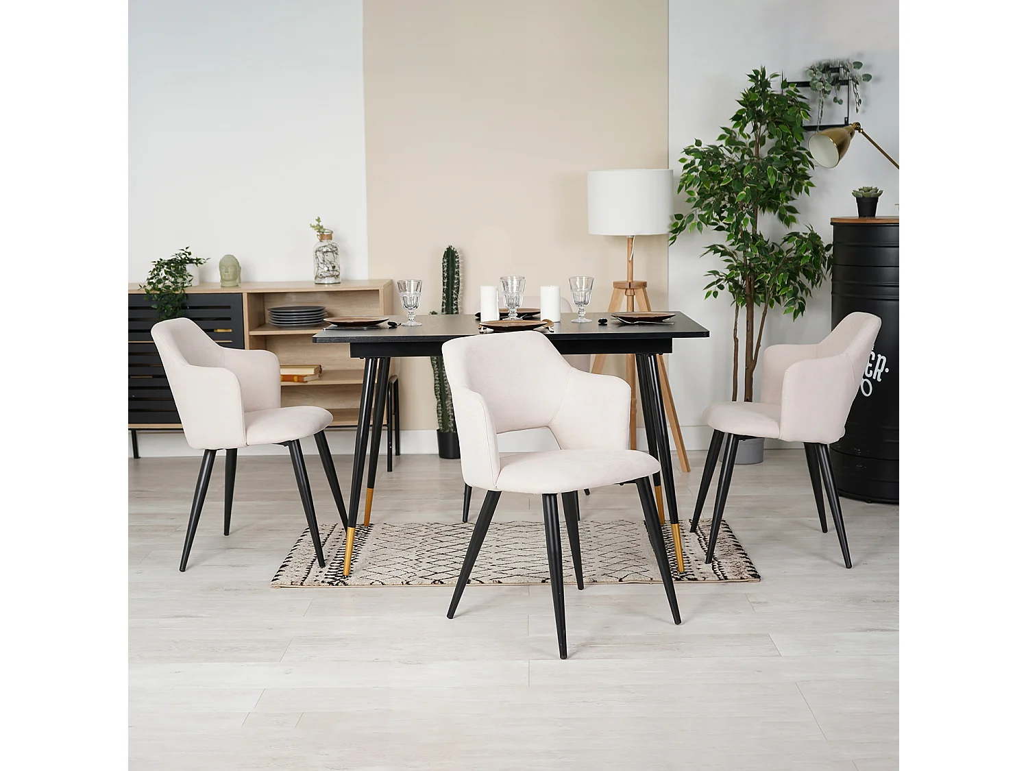 MEUBLES COSY Lot de 4 chaises de salle à manger scandinaves fauteuils avec accoudoirs, assise en tissu rembourrée, pieds en métal noir, Beige