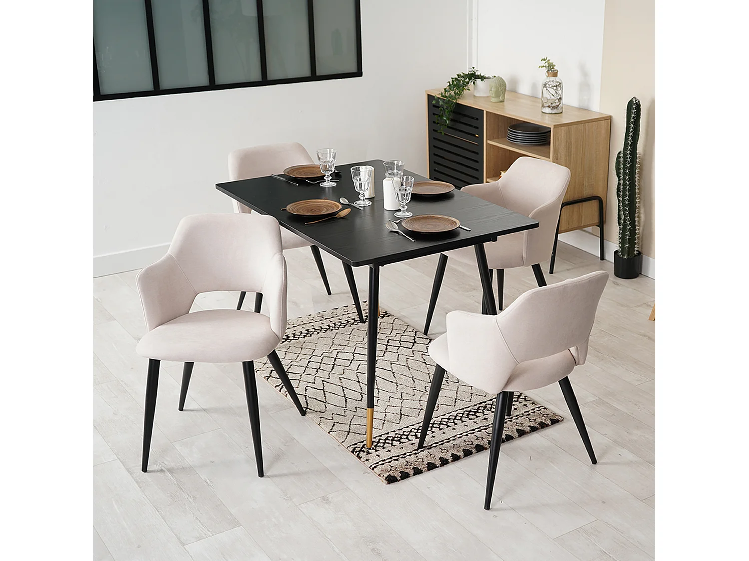 MEUBLES COSY Lot de 4 chaises de salle à manger scandinaves fauteuils avec accoudoirs, assise en tissu rembourrée, pieds en métal noir, Beige