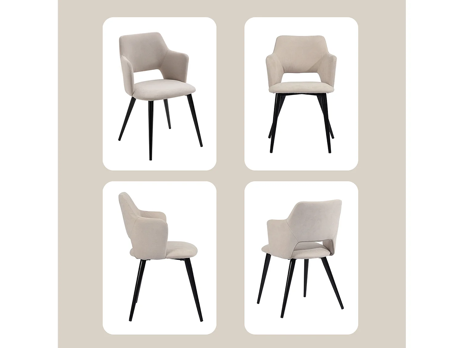 MEUBLES COSY Lot de 4 chaises de salle à manger scandinaves fauteuils avec accoudoirs, assise en tissu rembourrée, pieds en métal noir, Beige