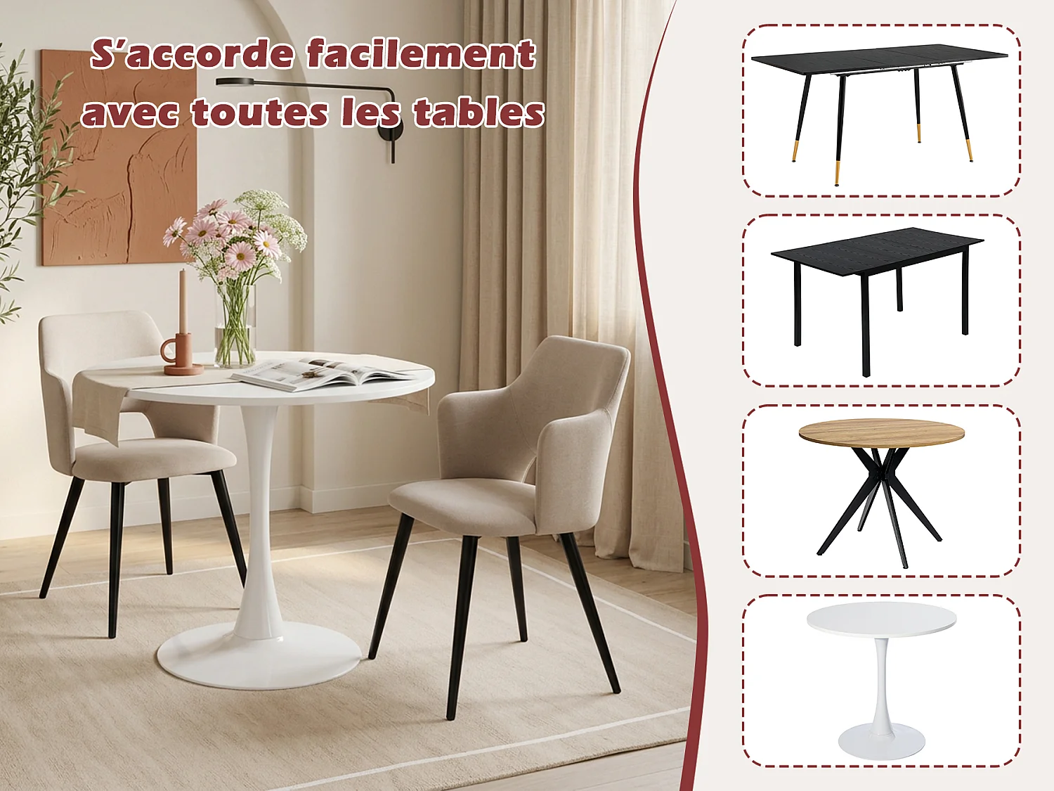 MEUBLES COSY Lot de 4 chaises de salle à manger scandinaves fauteuils avec accoudoirs, assise en tissu rembourrée, pieds en métal noir, Beige