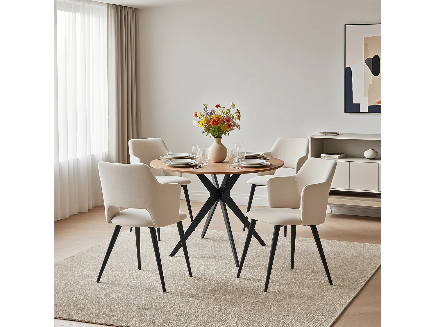 MEUBLES COSY Lot de 4 chaises de salle à manger scandinaves fauteuils avec accoudoirs, assise en tissu rembourrée, pieds en métal noir, Beige