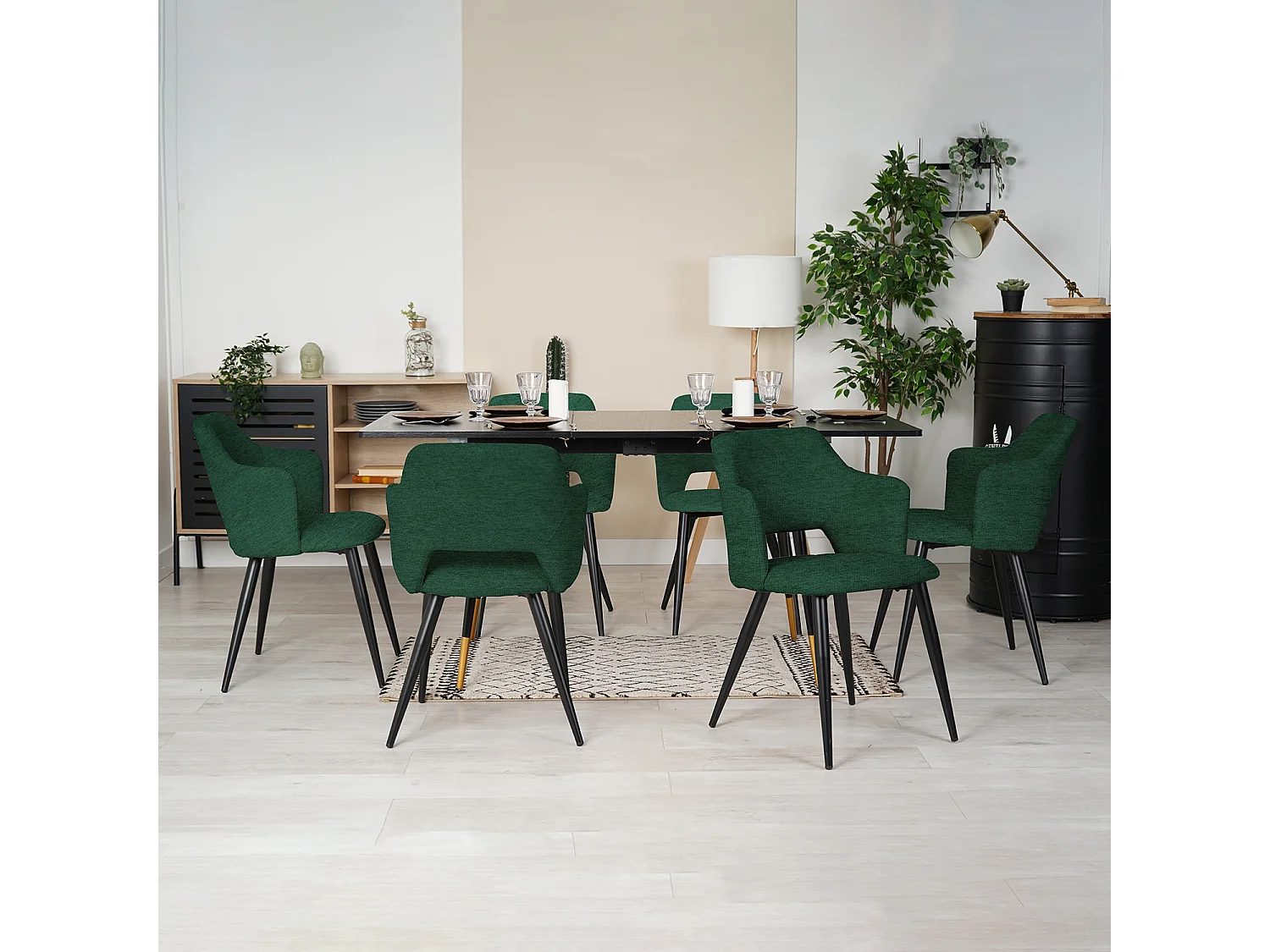 MEUBLES COSY Lot de 4 chaises de salle à manger scandinaves fauteuils avec accoudoirs, assise en tissu rembourrée, pieds en métal noir, Vert