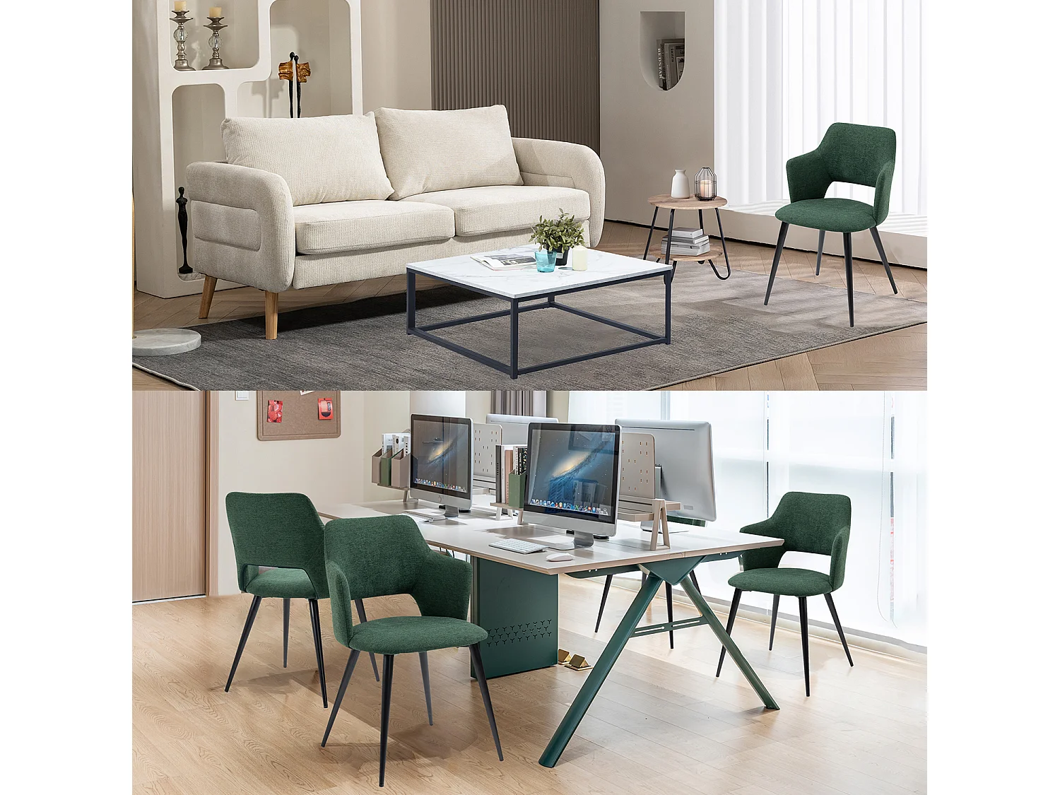 MEUBLES COSY Lot de 4 chaises de salle à manger scandinaves fauteuils avec accoudoirs, assise en tissu rembourrée, pieds en métal noir, Vert