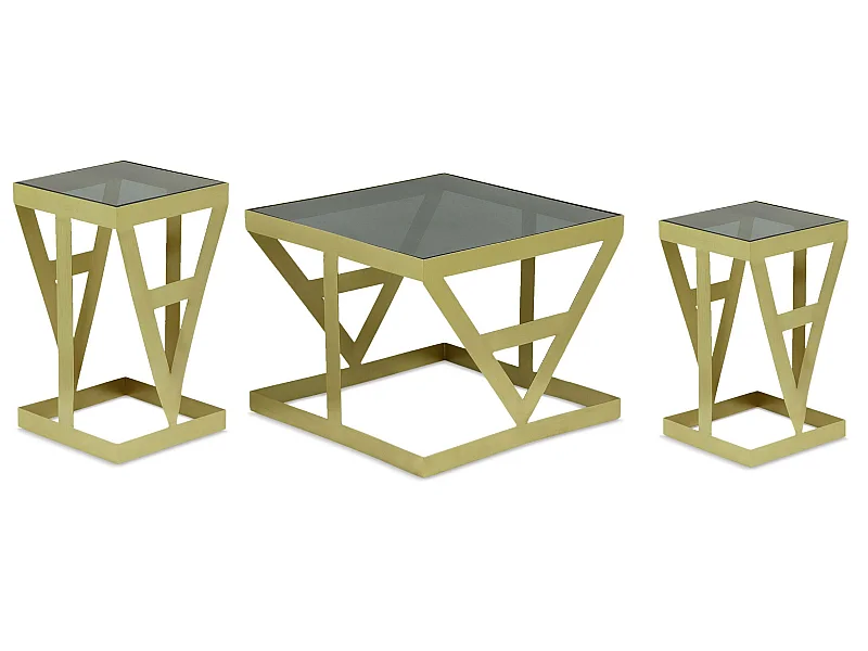 Ensemble de 3 tables d'appoint Amstra en Verre fumé et Métal Or