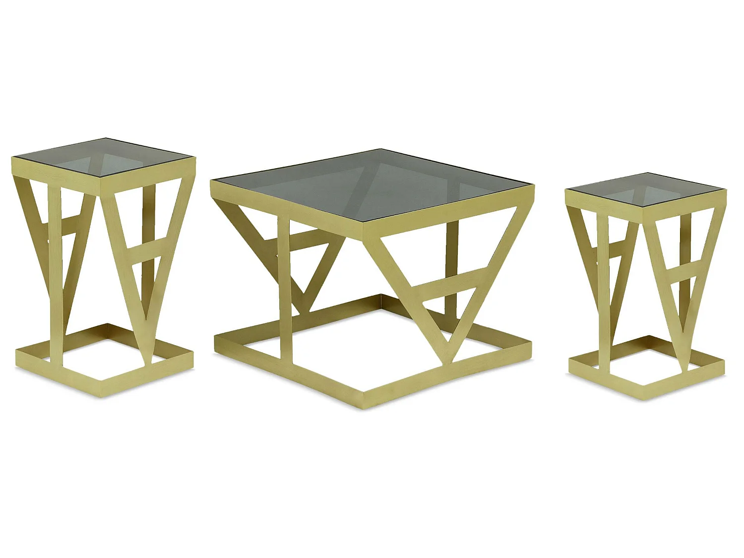 Ensemble de 3 tables d'appoint Amstra en Verre fumé et Métal Or