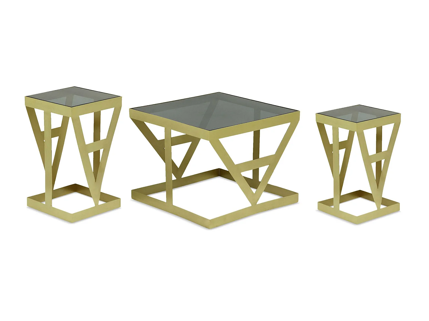 Ensemble de 3 tables d'appoint Amstra en Verre fumé et Métal Or