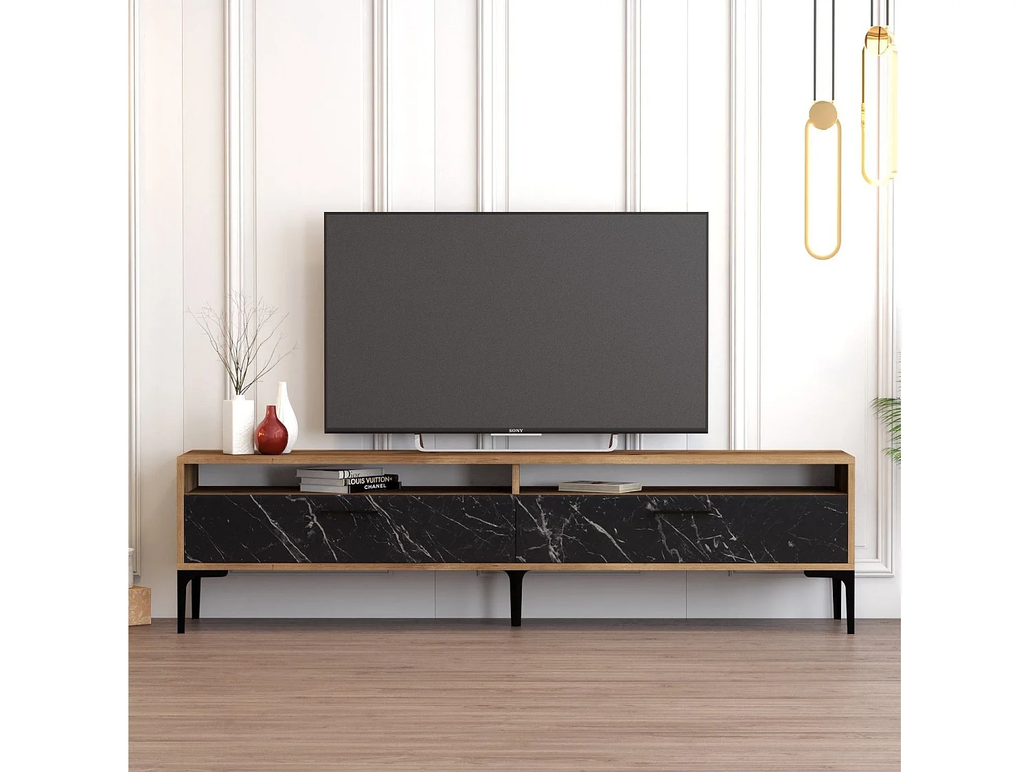 Móvel de TV elegante – 180 x 35 x 47 cm – Nogueira e mármore preto – Painéis de partículas revestidos a melamina