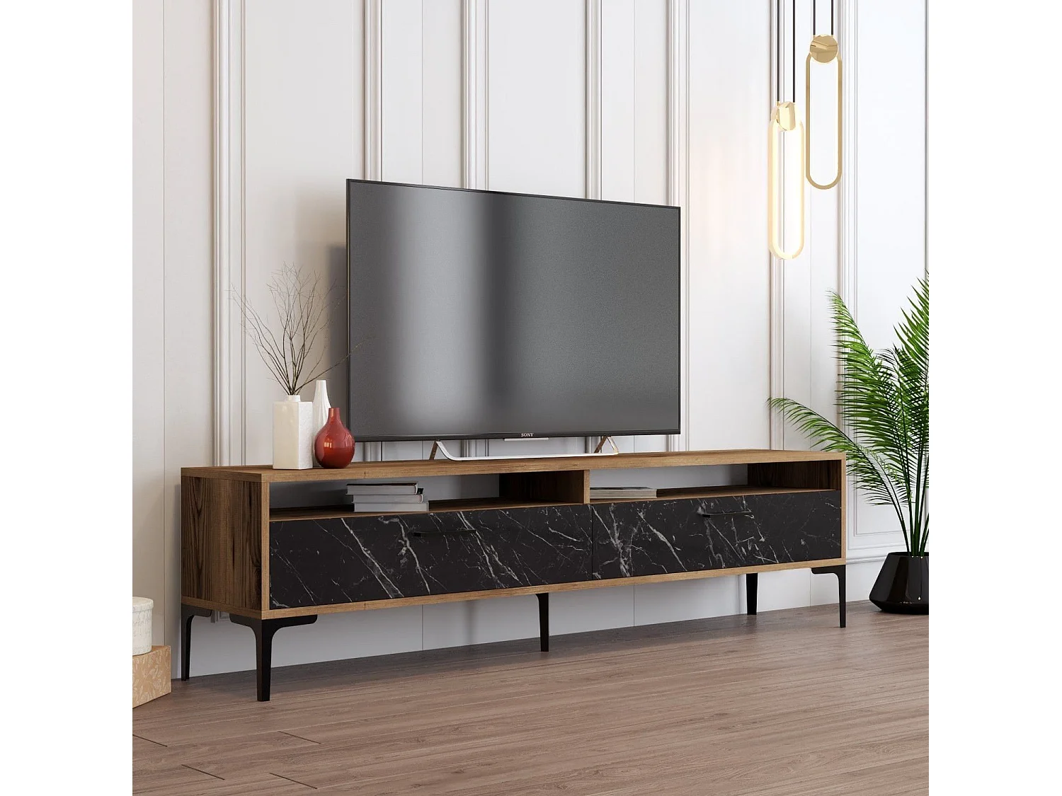 Móvel de TV elegante – 180 x 35 x 47 cm – Nogueira e mármore preto – Painéis de partículas revestidos a melamina