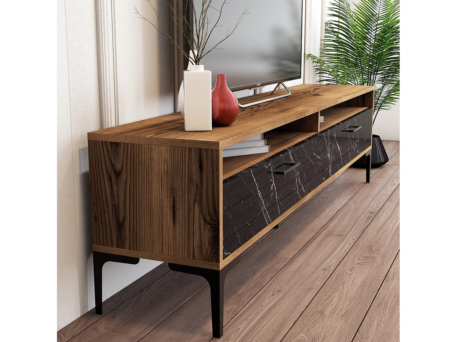 Móvel de TV elegante – 180 x 35 x 47 cm – Nogueira e mármore preto – Painéis de partículas revestidos a melamina