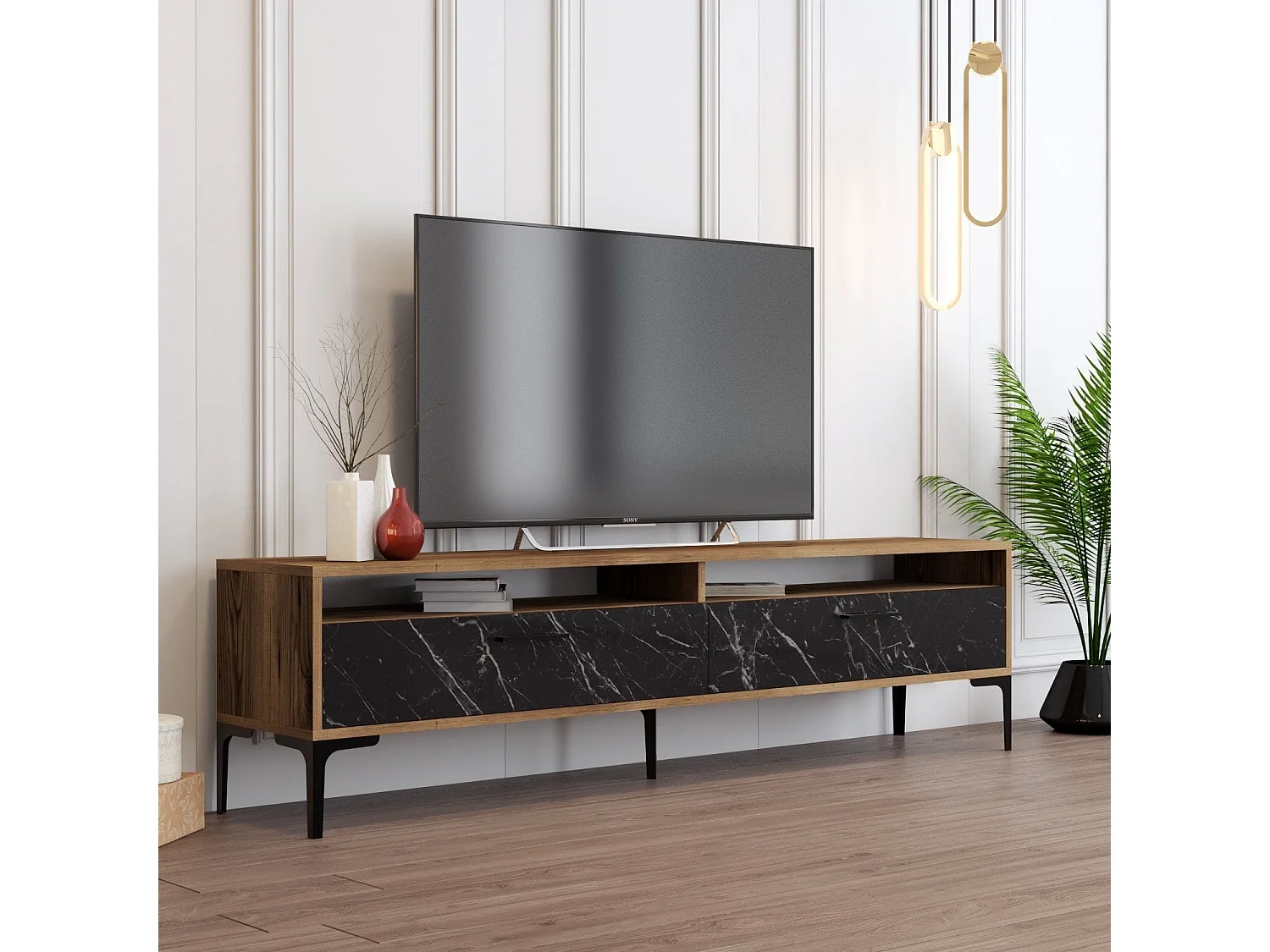 Móvel de TV elegante – 180 x 35 x 47 cm – Nogueira e mármore preto – Painéis de partículas revestidos a melamina