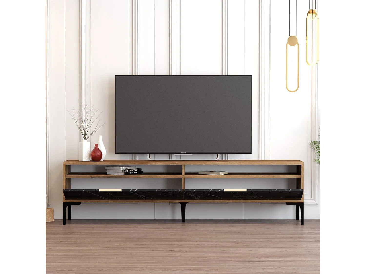 Eleganter TV-Ständer – 180 x 35 x 47 cm – Walnuss und schwarzer Marmor – Melaminbeschichtete Spanplatte