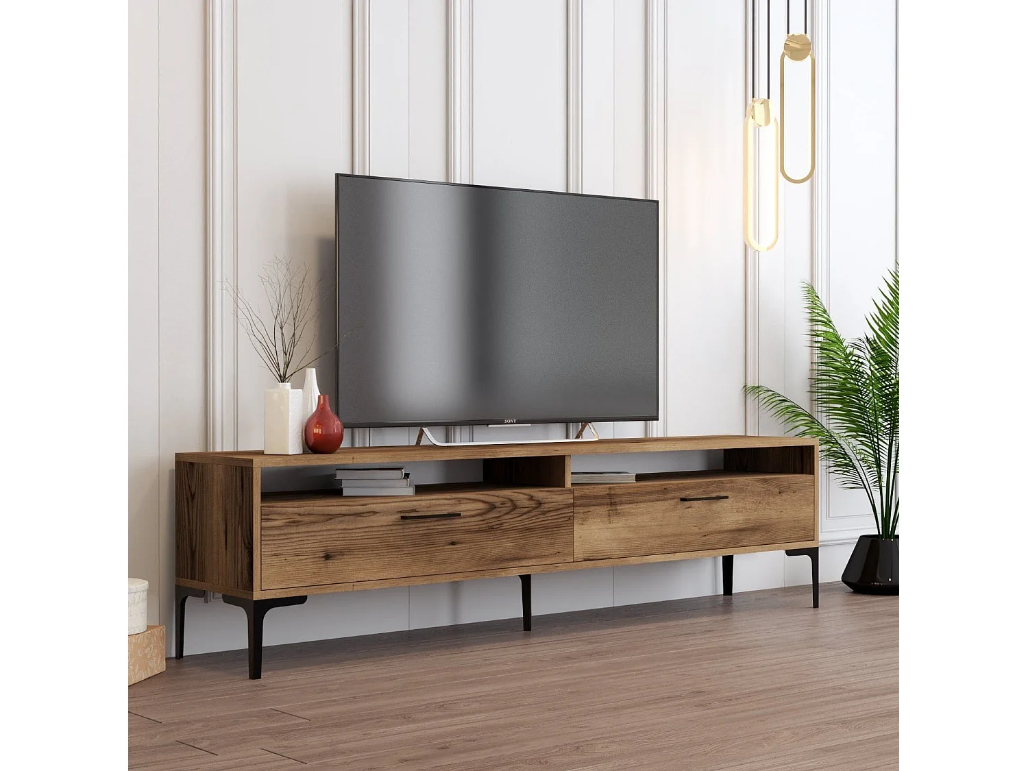 Móvel de TV elegante – 180 cm x 35 cm x 47 cm – nogueira – painel de partículas revestido a melamina