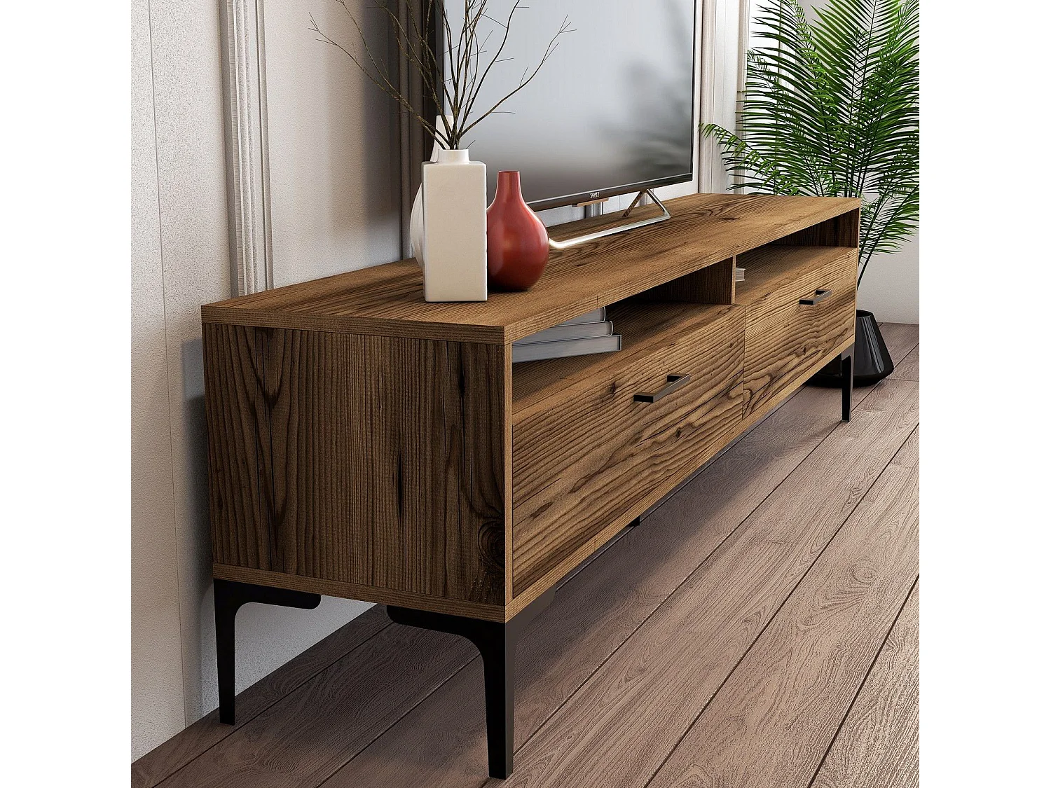 Eleganter TV-Ständer – 180 cm x 35 cm x 47 cm – Walnuss – melaminbeschichtete Spanplatte