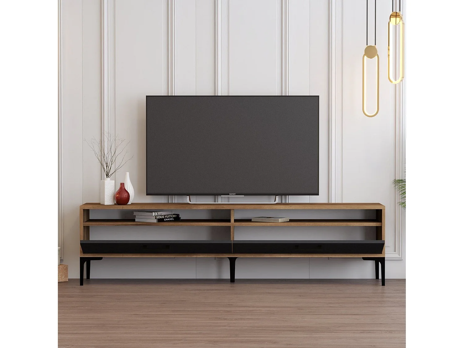 Mueble de TV – 180 x 35 x 47 cm – nogal y antracita – tablero de partículas revestido de melamina