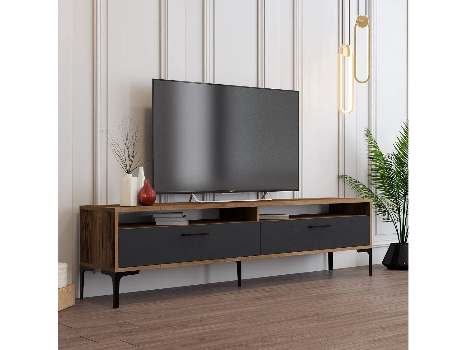 Mueble de TV – 180 x 35 x 47 cm – nogal y antracita – tablero de partículas revestido de melamina