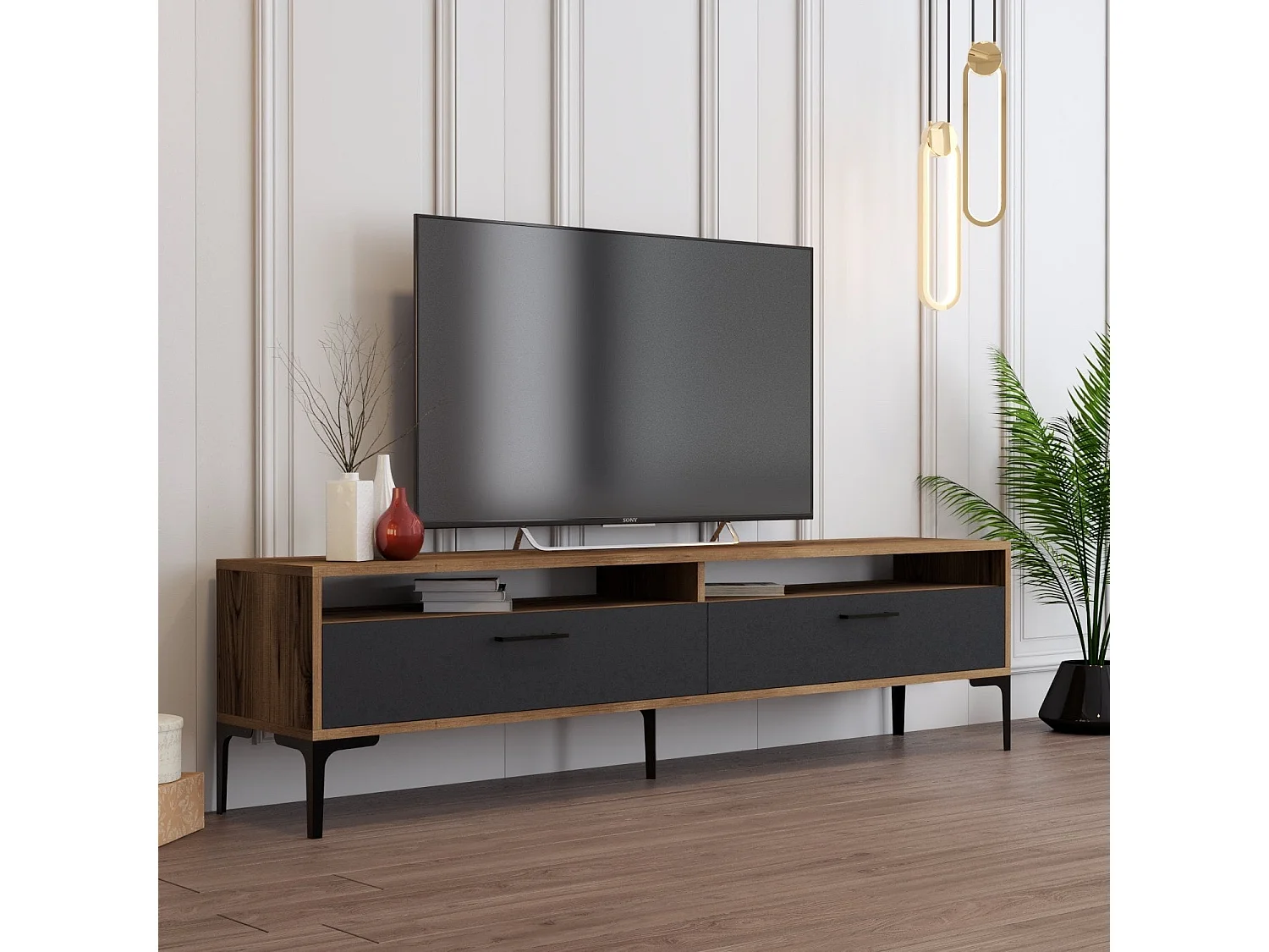 Mueble de TV – 180 x 35 x 47 cm – nogal y antracita – tablero de partículas revestido de melamina
