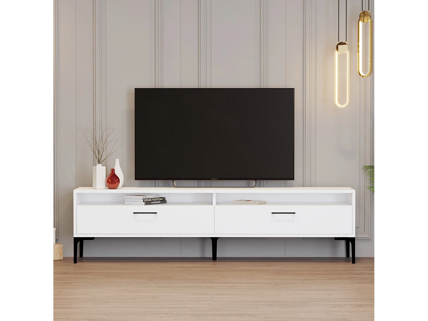 Móvel de TV moderno – 180 cm – Branco – Painéis de partículas revestidos em melamina
