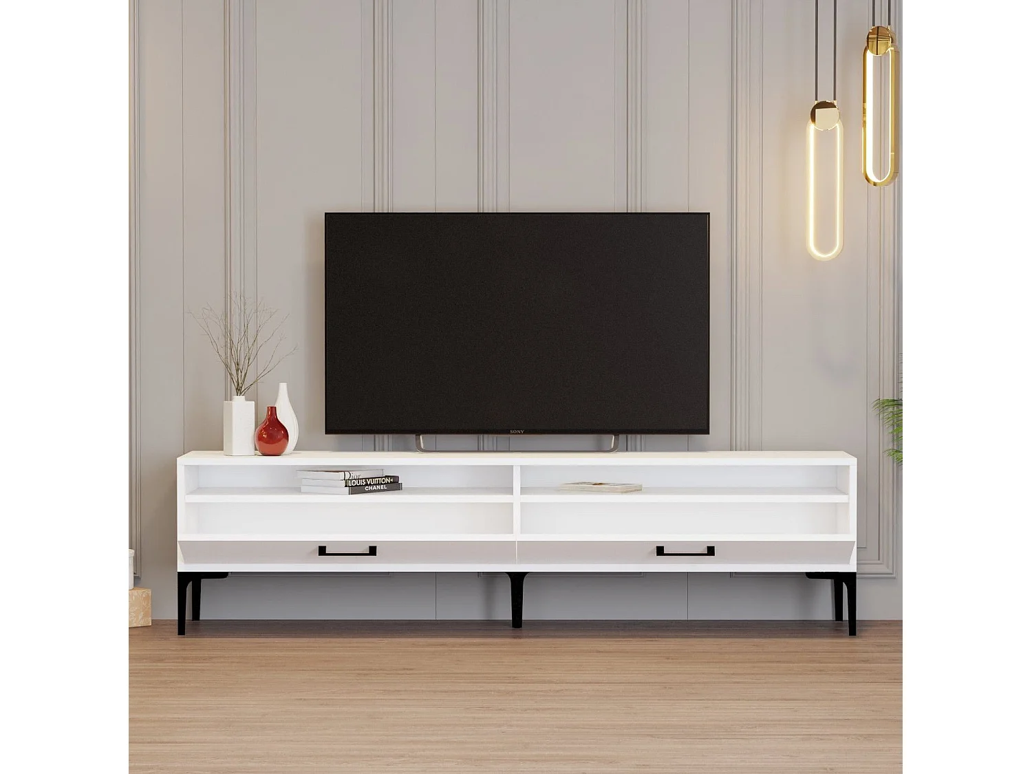 Móvel de TV moderno – 180 cm – Branco – Painéis de partículas revestidos em melamina