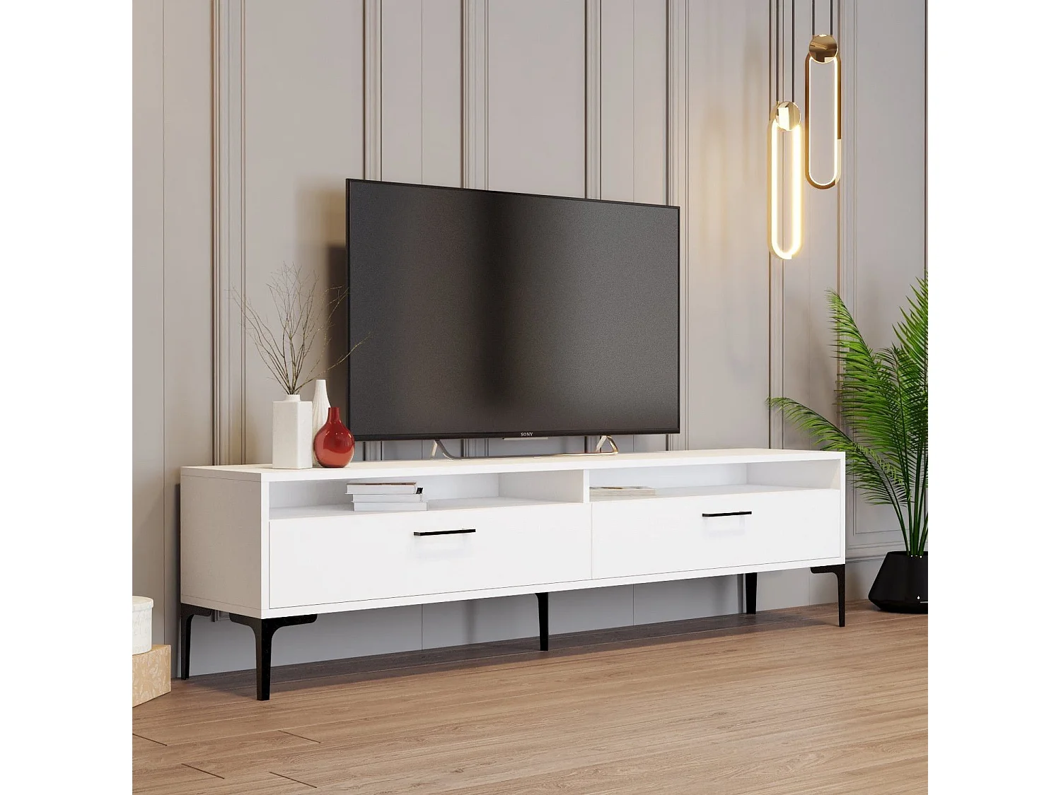 Móvel de TV moderno – 180 cm – Branco – Painéis de partículas revestidos em melamina