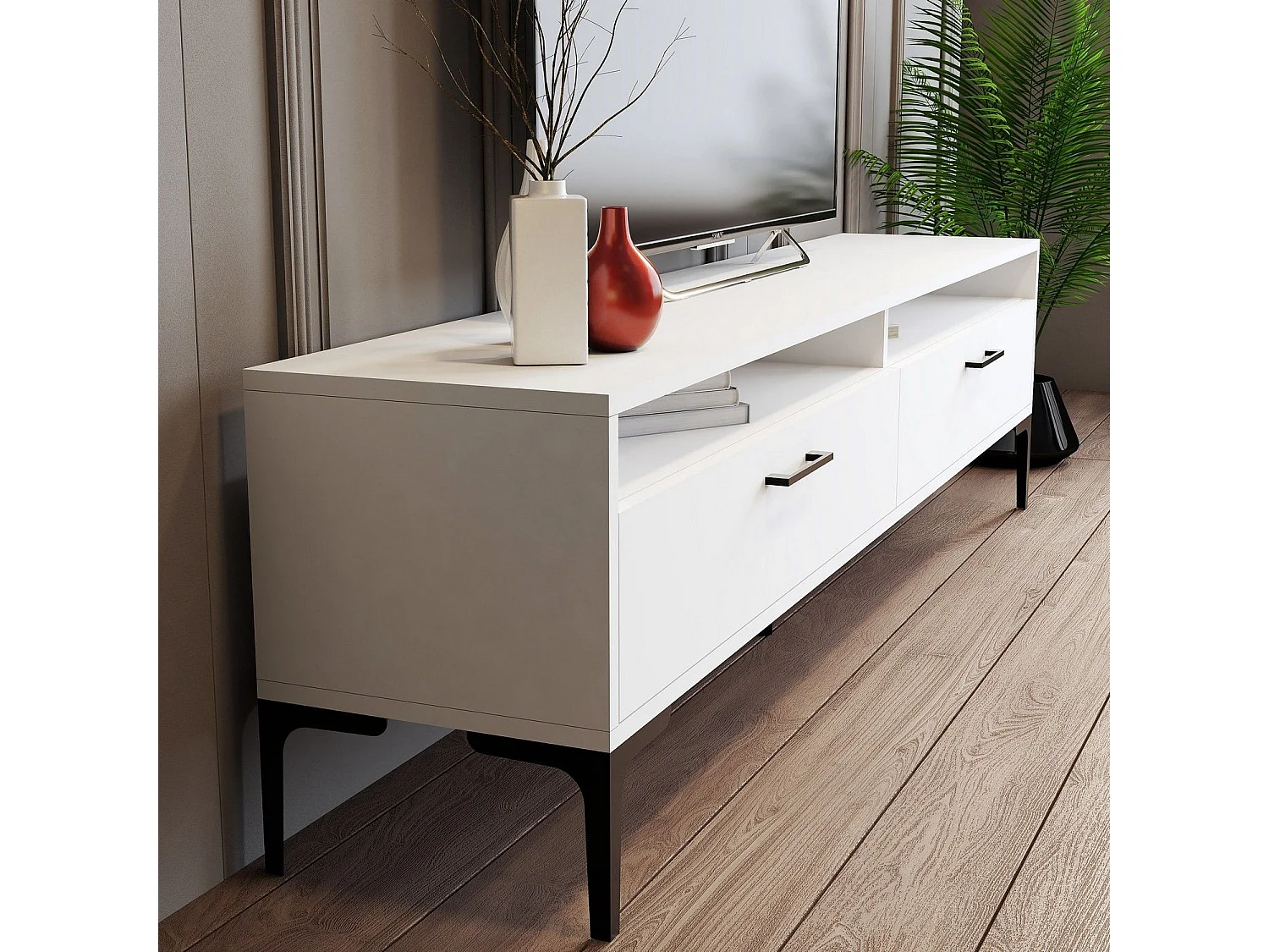 Móvel de TV moderno – 180 cm – Branco – Painéis de partículas revestidos em melamina