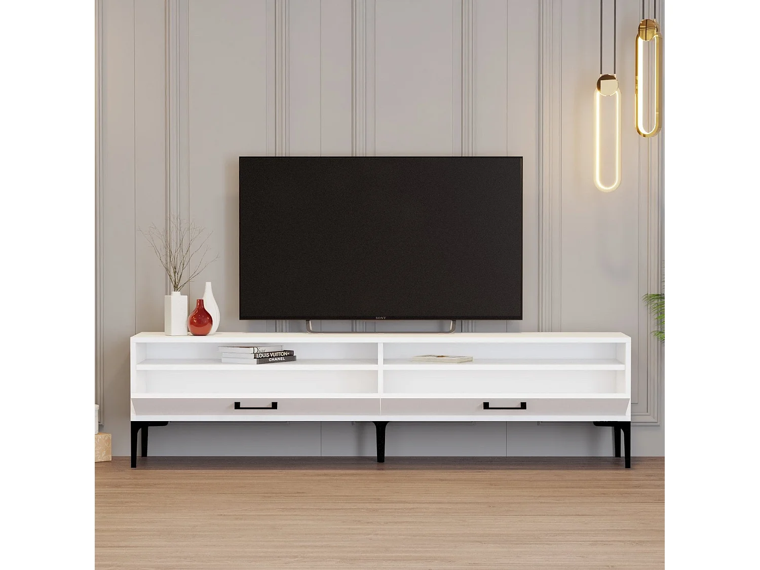 Móvel de TV moderno – 180 cm – Branco – Painéis de partículas revestidos em melamina