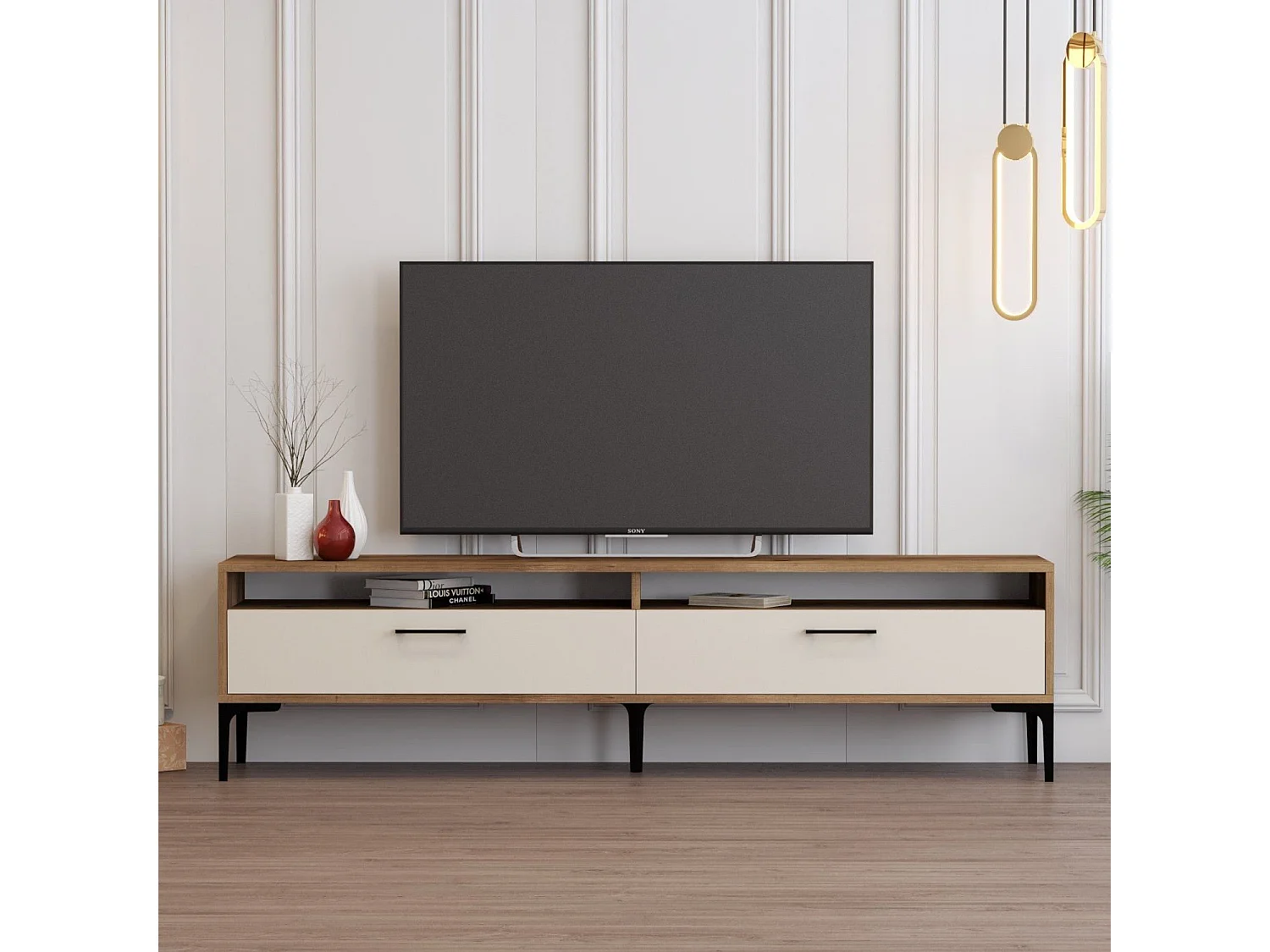 Móvel de TV – 180 x 35 x 47 cm – nogueira e creme – painel de partículas revestido em melamina