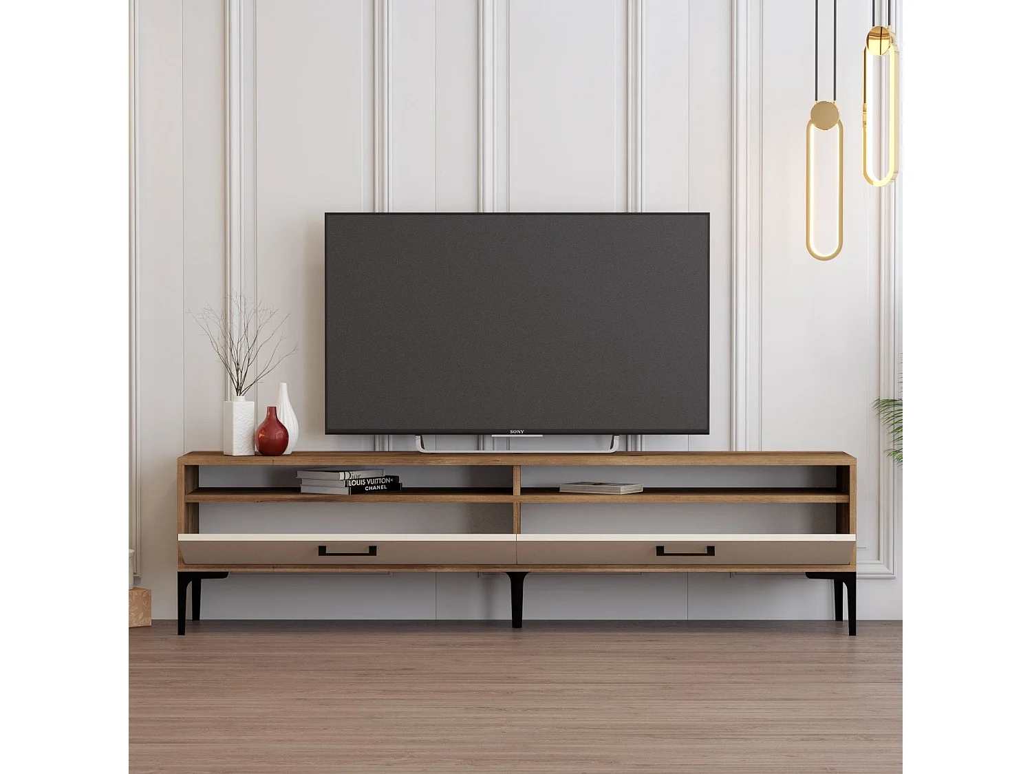 Móvel de TV – 180 x 35 x 47 cm – nogueira e creme – painel de partículas revestido em melamina
