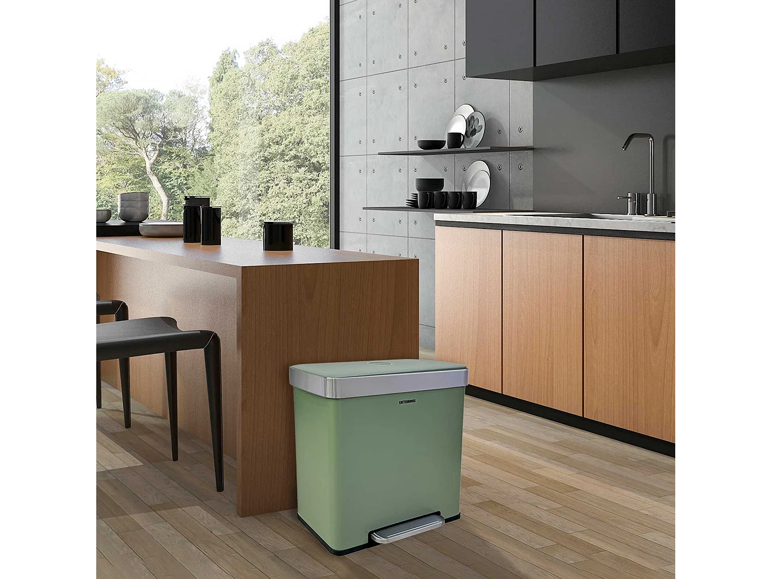 Pattumiera CatterHouse Planeta 60L 58x35,5x60 cm in Metallo con Pedale, Cassetti Estraibili e Ammortizzazione