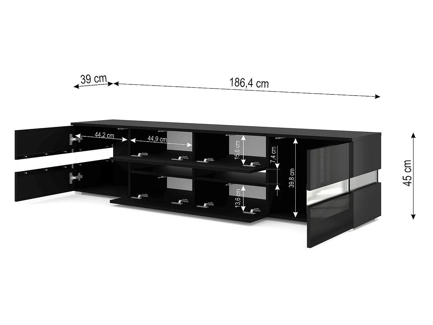 TV-meubel VIPER 186 cm Mat Zwart / Hoogglans Zwart + LED-verlichting