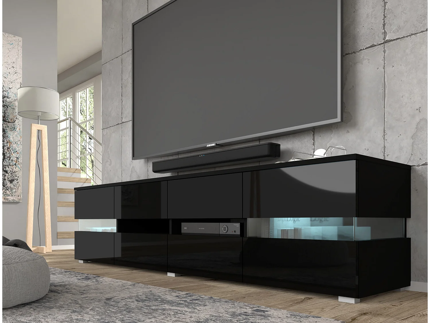 TV-Schrank VIPER 186 cm Schwarz Matt / Schwarz Glanz + LED-Beleuchtung