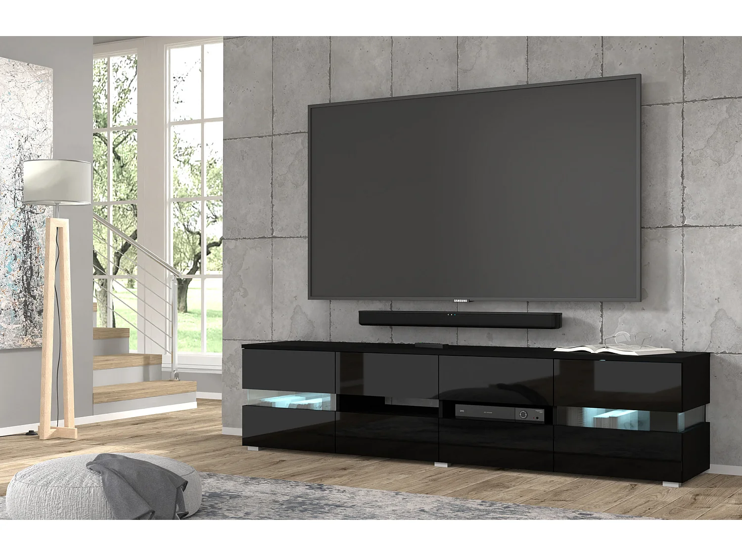 TV-Schrank VIPER 186 cm Schwarz Matt / Schwarz Glanz + LED-Beleuchtung